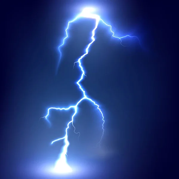 Lightning strikes the ground. Electric light thunder spark. Realistic lightning on dark background. Vector illustration — Stock Vector