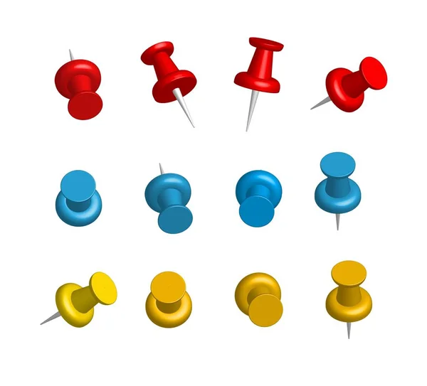 Thumbtacks. A set of colored push pins in different positions. Top and side view. Red, blue and yellow realistic buttons for attaching paper and notes to the board. Isolated on white background. — Stock Vector