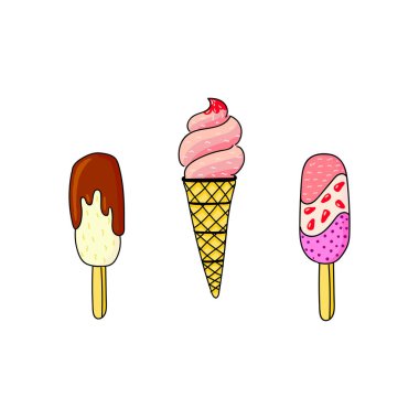 Dondurma waffle koni vanilya, çikolata, meyve ile vektör Illustration. Şirin doodle stil Gösterim amacıyla ürün tasarımı. beyaz bir arka plan üzerinde izole bir düz stil parlak dondurma.