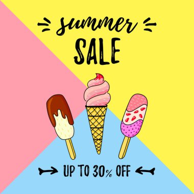 Dondurma waffle koni mavi, sarı, pembe üçgen arka plan üzerinde izole vanilya, çikolata, meyve ile vektör Illustration. Şirin doodle tarzı illüstrasyon ile yaz satış metin için ürün tasarımı, satışı büyük başlığı.