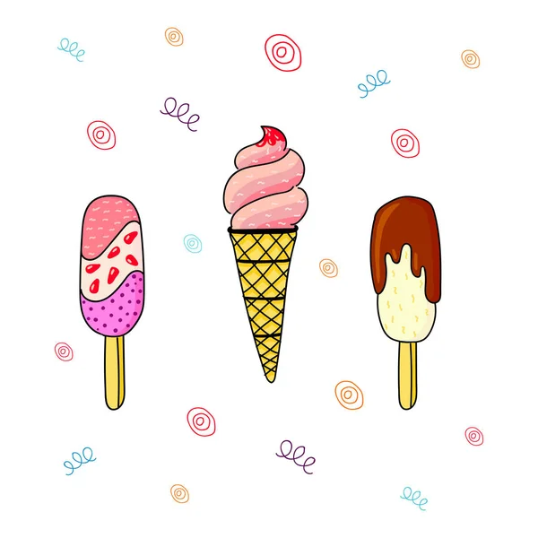 바닐라 초콜릿 아이스크림의 집합이 귀여운 스타일 디자인에 — 스톡 벡터