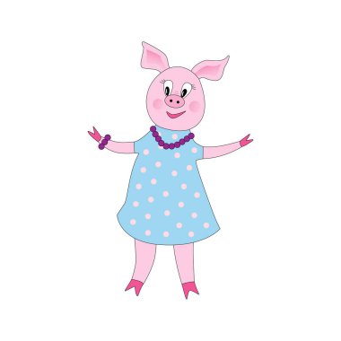 Mavi elbiseli şirin komik piggy kız elle çizilmiş vektör çizim. İzole nesneleri. Sevimli domuz çizgi film poz, vektör çizim. Bayan/kadın domuz düz tasarım. Çocuklar baskı için kavramı.