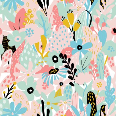 Beyaz arka plan üzerinde pastel renklerde çiçek elemanları ile soyut sorunsuz yinelenen desen. Vektör şablon kartları, afiş, kumaş, t-shirt baskı. Pastel renkler.