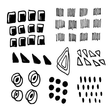 Fırça darbeleri, grunge tarzı vektör Illustration. Elle çizilmiş tasarım öğeleri kümesi. Siyah mürekkep, marker, kalem soyut dokular vektör koleksiyonu. Beyaz arka plan üzerinde izole siyah mürekkep rasgele elle çizilmiş karalamalar seti.