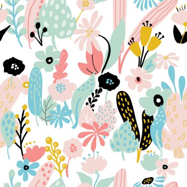 Beyaz arka plan üzerinde pastel renklerde çiçek elemanları ile soyut sorunsuz yinelenen desen. Vektör şablon kartları, afiş, kumaş, t-shirt baskı. Pastel renkler.