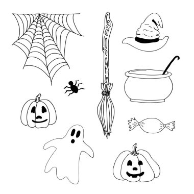 El halloween korkunç kutsal kişilerin resmi kabak, hayalet, kazan, örümcek, cadı şapka, dövme, tekstil, kartları, gizem süpürge ile çekilmiş. Cadılar Bayramı karalamalar öğeleri koleksiyonu. vektör çizim.