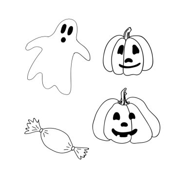 El halloween korkunç kutsal kişilerin resmi kabak, hayalet, dövme, tekstil, kartları, gizem için şeker ile çekilmiş. Cadılar Bayramı karalamalar öğeleri koleksiyonu. vektör çizim.