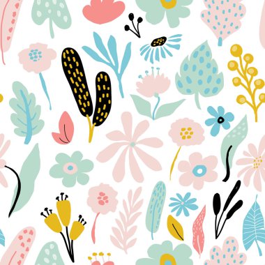 Beyaz arka plan üzerinde pastel renklerde çiçek elemanları ile soyut sorunsuz yinelenen desen. Vektör şablon kartları, afiş, kumaş, t-shirt baskı. Pastel renkler.