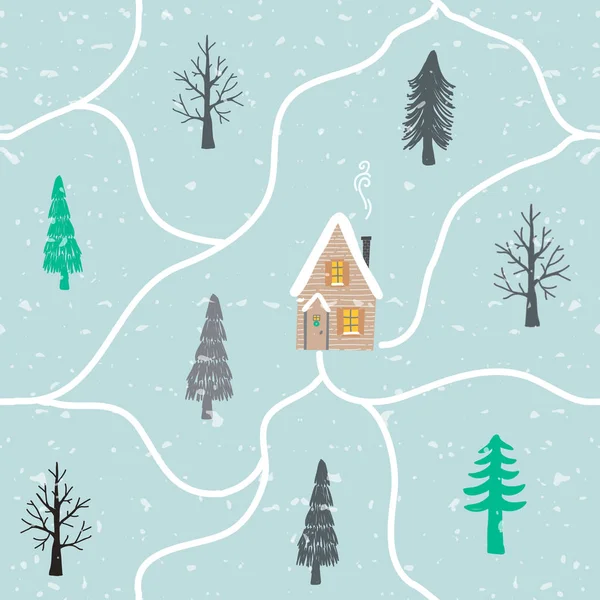 Naadloze Winter Hand Getekend Patroon Met Sneeuw Kerstbomen Huizen Landschap — Stockvector