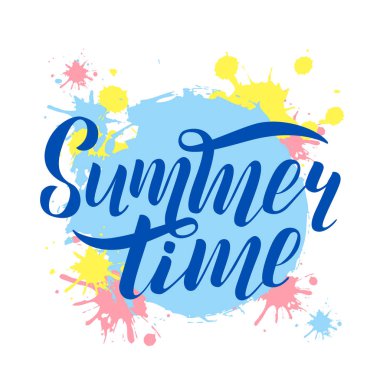 Vektör yazı yaz zaman çizelgesi. Tipografi vektör tasarımı için tebrik kartları ve afiş, tasarım şablonları, afiş, rozet. Arka plan boya parlak noktalar ile yazı elle çizilmiş.