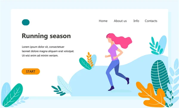 Шаблон страницы посадки здорового образа жизни, бегущая девушка — стоковый вектор
