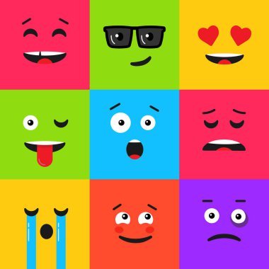 Renkli ifade seti. Emoji ile arka plan deseni.
