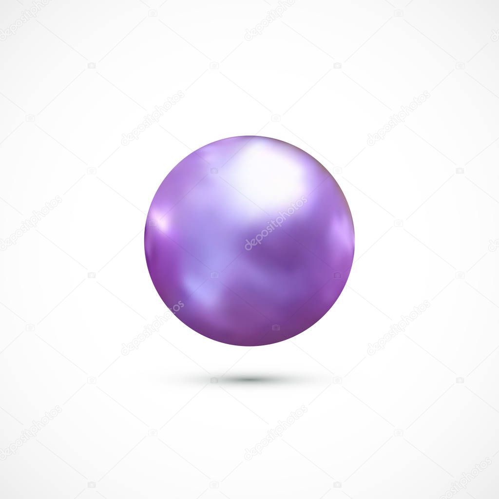 Realistic 3D Pearl, purple vector ball with shadow.
