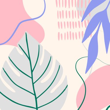 Geometrik şekilli soyut tropikal arkaplan ve pastel renkli palmiye yaprakları. Posterler için mavi, pembe, kahverengi modern kolaj. Moda stili soyut tasarım ve canavar yaprağında vektör illüstrasyonu
