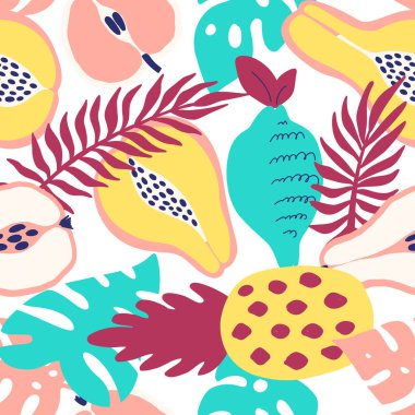 Soyut tropikal meyve deseni. Ananas, limon, armut, elma, papaya ve palmiye yapraklı egzotik dikişsiz desen. El çizimi tarzında vektör illüstrasyonu. Tekstil ve ambalaj için parlak süs.