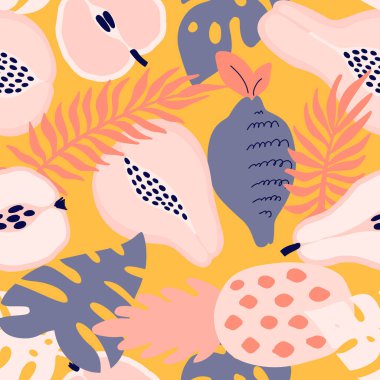 Soyut tropikal meyve deseni. Ananas, limon, armut, elma, papaya ve palmiye yapraklı egzotik dikişsiz desen. El çizimi tarzında vektör illüstrasyonu. Tekstil ve ambalaj için parlak süs.