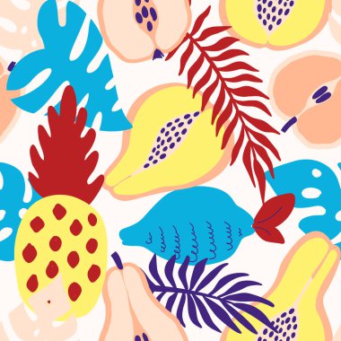 Soyut tropikal meyve deseni. Ananas, limon, armut, elma, papaya ve palmiye yapraklı egzotik dikişsiz desen. El çizimi tarzında vektör illüstrasyonu. Tekstil ve ambalaj için parlak süs.