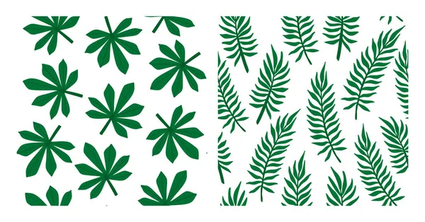 Colección Patrones Hojas Tropicales Conjunto Hojas Palmera Tropical Patrones Sin — Vector de stock