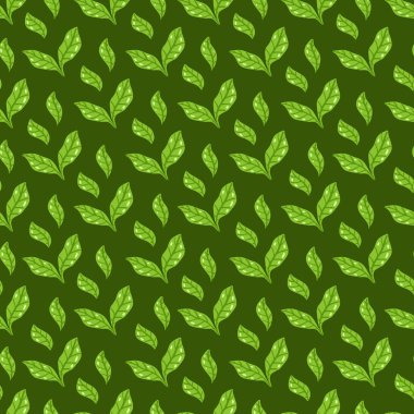 Çay yaprakları desenli. Koyu yeşil arka planda kusursuz çiçek ve bitkisel desenler. El çizimi yaprak arka plan. Vektör çizimi. Kumaş veya ambalaj için parlak yazdırma.
