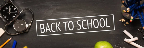 School Supplies Alarm Pencils Apple Black Chalkboard Top View Inscription — Stock Photo, Image