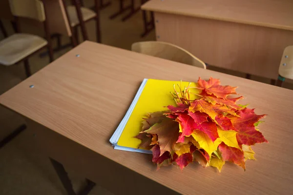Школьный Класс Размытом Фоне Юного Ученика Ноутбук Букет Осенних Листьев — стоковое фото