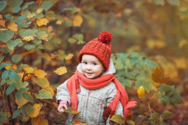 cute baby in autumn clothes. child in knitted hats and scarf. orange animal is fox. clipart
