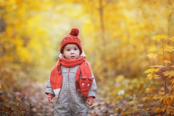 Niedliches Baby Herbstkleidung Kind Strickmütze Und Schal Orange Tier Ist — Stockfoto