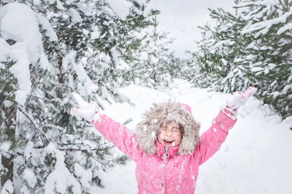 Happy Child Winter Park Baby Girl Pink Jacket Throws Snow — Stock Photo, Image