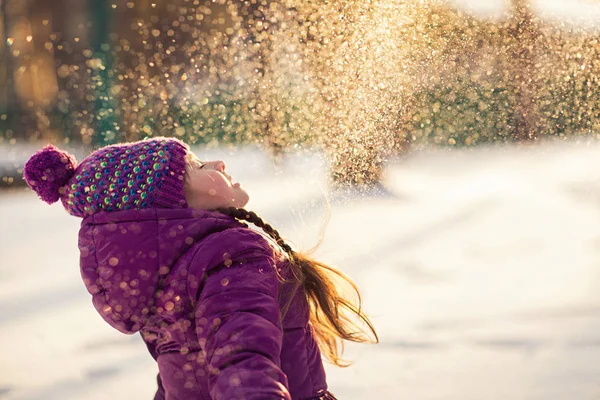 Baby Girl Throws Snow Frosty Winter Park Flying Snowflakes Sunny — Stock Photo, Image