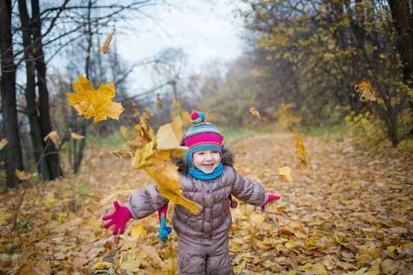 Happy little child, baby girl laughing and playing leaves in the autumn on the nature walk outdoors — Stock Photo, Image