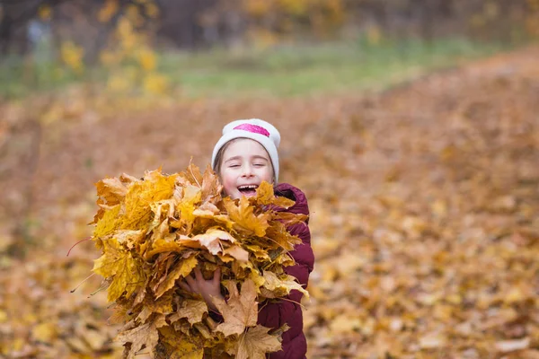 Glückliches Kind, Mädchen mit einem Arm voller herbstgelber Blätter auf dem Naturspaziergang im Freien — Stockfoto