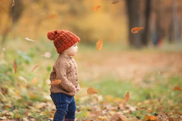 Das Niedliche Baby Herbstkleidung Schaut Nach Rechts Kind Strickmütze Und — Stockfoto