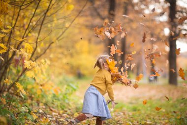 Sonbahar kıyafetleri içinde şirin bir bebek yukarı bakıyor. Örgü ceketli çocuk. Kız sonbahara bakıyor. Dışarı çık..