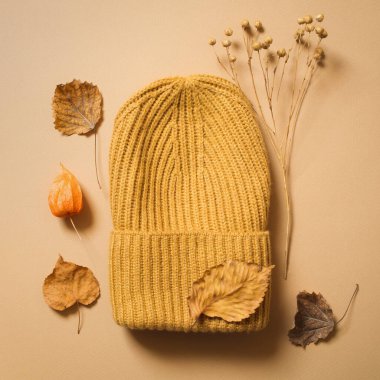 Sarı örülmüş şapka ve bej arka planda kuru sonbahar yaprakları. Mağazalarda giysi, alışveriş ve mevsimlik satış kavramı. düz yat.