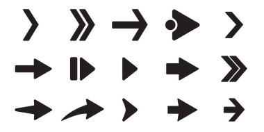 Siyah ok simgeleri ayarlayın. Farklı şekil kavramı, beyaz arka plan üzerinde grafik tasarım izole Internet düğme. Düz ok işaretleri. Beyaz arka plan üzerinde izole vektör çizim
