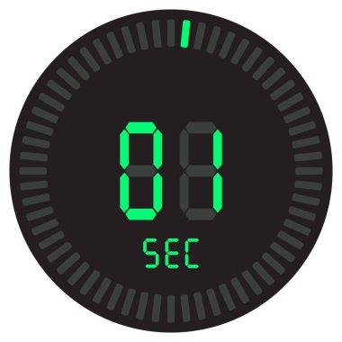 Dijital zamanlayıcı 1 saniye. Başlangıç vektör simgesi, saat ve saat, Zamanlayıcı, geri sayım sembolü degrade bir arama ile elektronik kronometre.