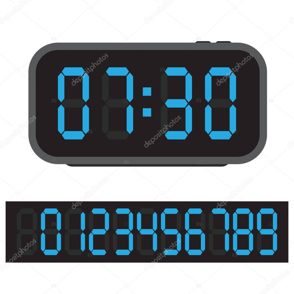 Digital alarm clock, Blue digital clock and set of glowing numbers. Vector Illustration