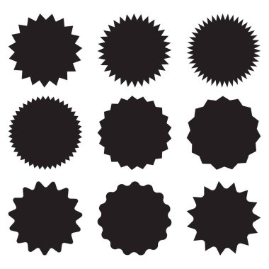 Bir dizi vektör yıldız patlaması, güneş patlaması rozetleri. Beyaz arka planda siyah simgeler. Basit düz stil vintage etiketleri, çıkartmalar.