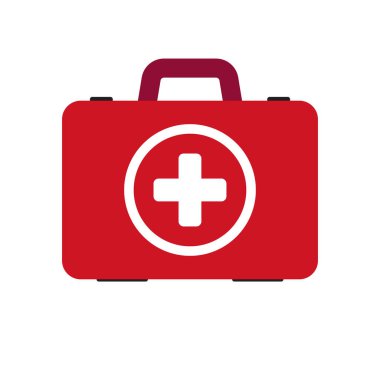 Gri arka plan üzerinde izole kırmızı İlkyardım çantası. Tıbbi kutusu beyaz haç teşhis kavramı gibi. Düz vektör çizim tasarım