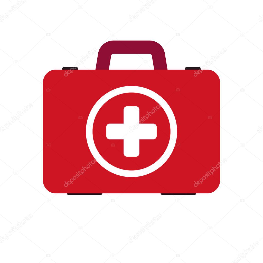 Red first aid kit isolated on gray background. Medical box with white cross like a diagnostics concept. Flat Vector illustration design