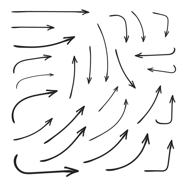 Set Frecce Curve Vettoriali Disegnate Mano Schizzo Stile Doodle Raccolta — Vettoriale Stock