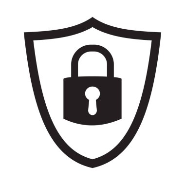 Kilit sembollü kalkan güvenliği. Koruma, güvenlik, şifre güvenlik vektör çizimi. Güvenlik duvarı gizlilik levhası. Giriş sayfası için güvenlik simgesini kilitle. Web sitesi koruma amblemi.