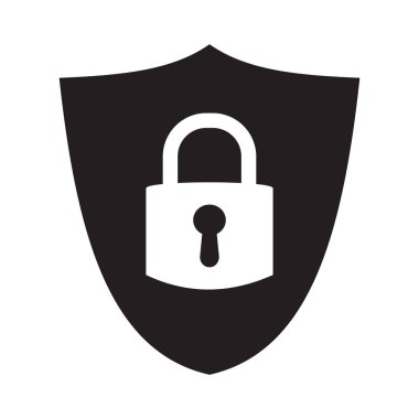 Kilit sembollü kalkan güvenliği. Koruma, güvenlik, şifre güvenlik vektör çizimi. Güvenlik duvarı gizlilik levhası. Giriş sayfası için güvenlik simgesini kilitle. Web sitesi koruma amblemi.