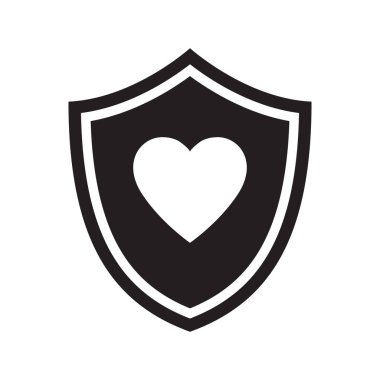 Aşk ve bakım logosu, kalp logosu ile kalkan. Kalp düz vektör simgesi ile koruma kalkanı. Vektör Illustration
