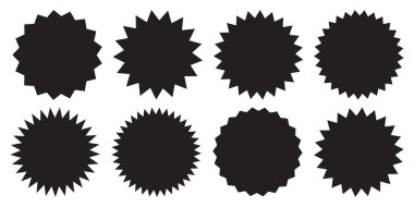 Bir dizi vektör yıldız patlaması, güneş patlaması rozetleri. Beyaz arka planda siyah simgeler. Basit düz stil vintage etiketleri, çıkartmalar. 