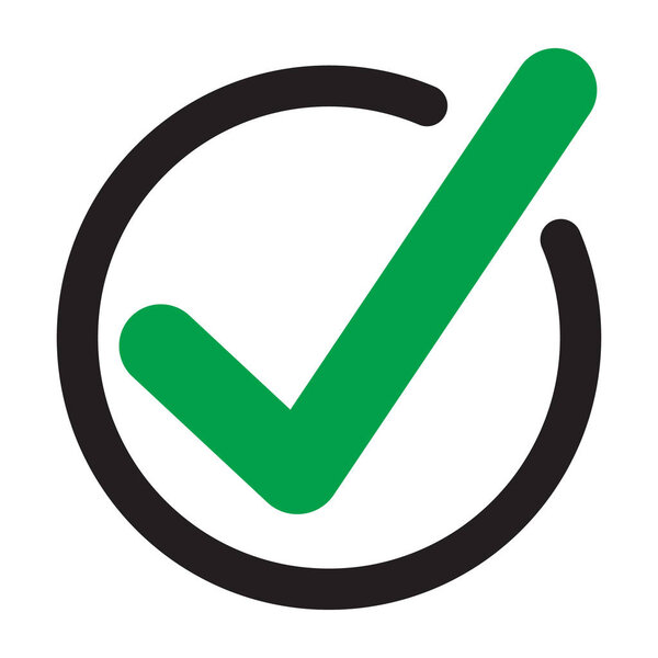 Tick icon vector symbol, checkmark isolated on white background, checked icon or correct choice sign, check mark or checkbox pictogram