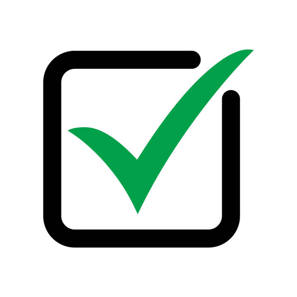 Tick icon vector symbol, checkmark isolated on white background, checked icon or correct choice sign, check mark or checkbox pictogram