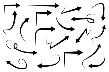 Vektör kavisli oklar seti el çizilmiş. İşaretçilerin toplanması.