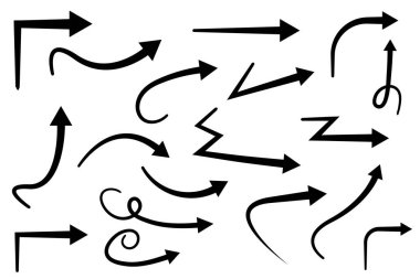 Vektör kavisli oklar seti el çizilmiş. İşaretçilerin toplanması.