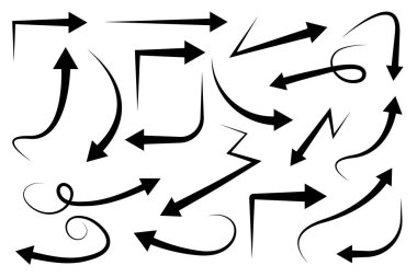 Vektör kavisli oklar seti el çizilmiş. İşaretçilerin toplanması.